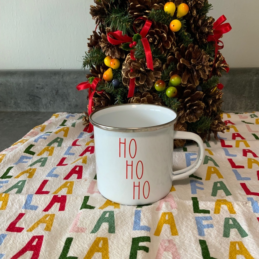 White Enamel Winter/Holiday Mug, Red lettering, Ho Ho Ho, New